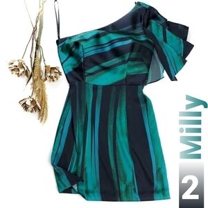 Milly Blue Green Striped One Shoulder Dress Size 2